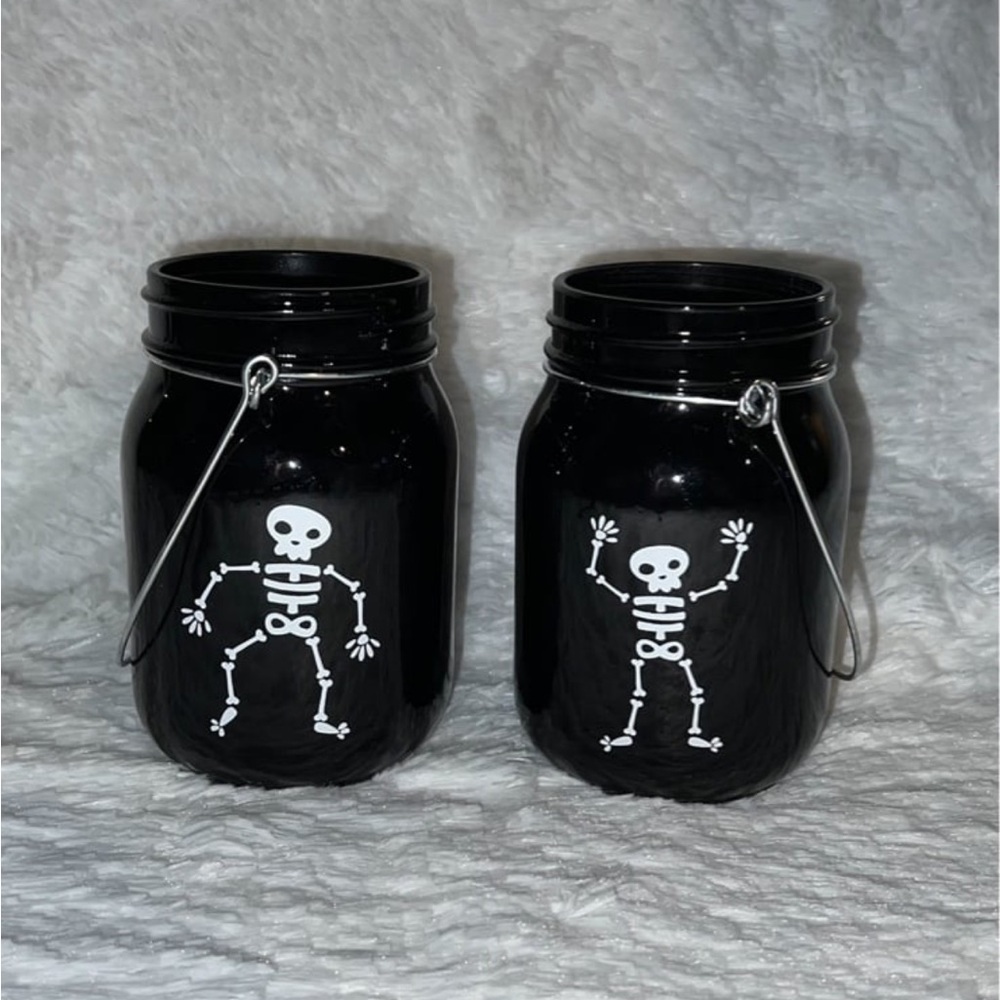 Halloween Lanterns - Black Mason Jars with Skeletons and Handle Set of Two - NEW